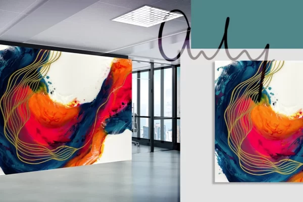 Installation Muraluxe douche et salle de bain panneaux architecturaux Audrey Lachance Vague bleu et orange panneaux aluminium